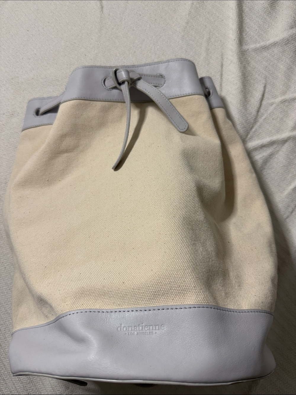 Canvas Drawstring Shoulder Bag in Cream and Light Gray